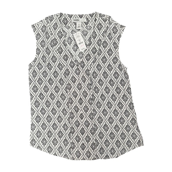 WHBM Outlet Sleeveless Button Down Blouse Diamond Print Black White Women XS NWT - Picture 1 of 5